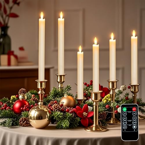 Image of Battery Operated Flameless Ivory Taper Candles Flickering-Set of 6, Realistic 3D Wick Flickering LED Taper Candle Set,USB-Rechargeable, Remote & Timer, Ideal for Living Room, Bedroom & Easter Decor