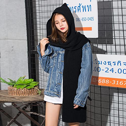 Women Scarf Winter Solid 2 In 1 Knit Hooded Scarf Set Winter Melon Cap Warm Thick Cable Knitted Hat (Black, One Size) #TOP4