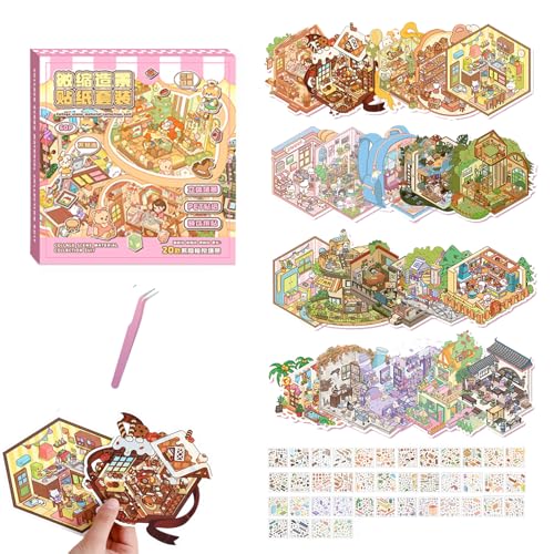 Image of 20 Sets DIY 3D House Dream Room Sticker Book Set, 3D Sticker Scene Books Camping with Scene Cards, Renderings, Occlusion Cards & Tweezers, Reusable Sticker Book for Teacher, Classroom & Scrapbook