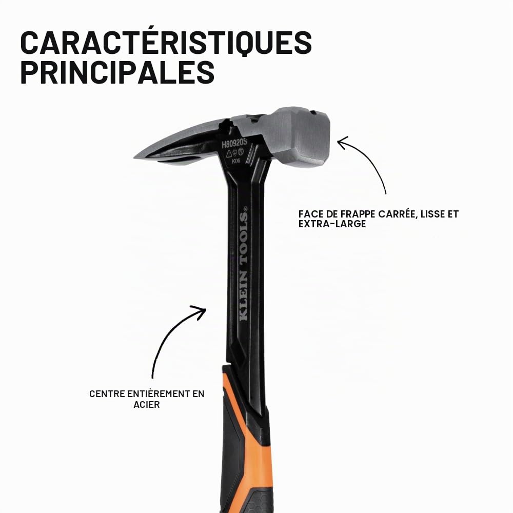 Klein Tools H80920S Marteau de charpentier à tête lisse avec griffe droite, acier forgé, extracteur de clous magnétique et surface de frappe carrée extra large