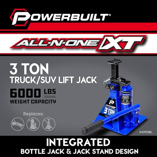 Image of POWERBUILT 3 Ton All-in-One Hydraulic Bottle Jack and Jackstand in One, Compact, Wide Base, 11-21 Inch Range, Eliminates Jackstands, for Trucks, SUVs, RVs, Trailers, ASME, Not for Sedans - 640912