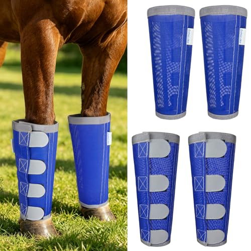 Image of Reflective Horse Fly Boots Set of 4, Loose Fitting Leggings for Horses, Equine Fly Leg Wraps Socks for 4 Legs, Breathable Adjustable and Universal Fit, Reliable Stay Put and on (Blue)
