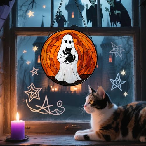 Image of Stained Glass Window Hanging - Halloween Cute White Ghost Black Cat Suncatcher for Doors Garden Home Spooky Orange Sun Catchers Gothic Decor Horror Gift for Women Men Friend Boy Girl 11.8 in