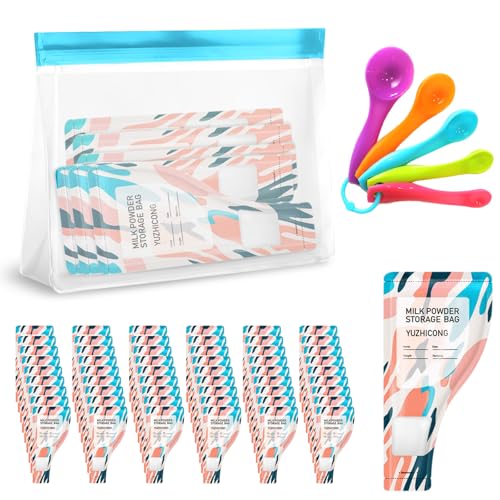 SparkleJoy Juego de recipientes de viaje de proteínas en polvo, incluye 60 bolsas de polvo de proteínas con información para escribir, 5 cucharas, bolsa de almacenamiento, para gimnasio, viajes, al