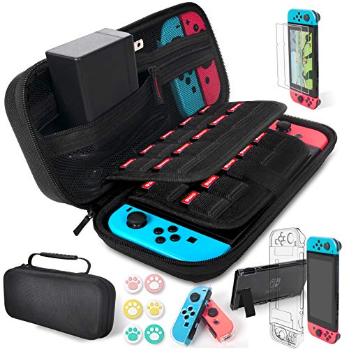 daydayup Zubehör für Nintendo Switch, Switch Tasche mit Hülle, Schutzfolie Glas & Daumen Griffkappen für Nintendo Switch, Tragetasche für 20 Spiele, Konsole & Zubehör (9 in 1) Cover