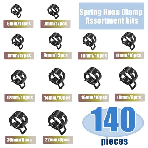 Image of Tnisesm 140 Pcs 12Values 6-22mm Spring Hose Clamp Assortment Kits Silicone Vacuum Hose Action Low Pressure Air Clip Clamp Hoses Clamps sleeving(Black)