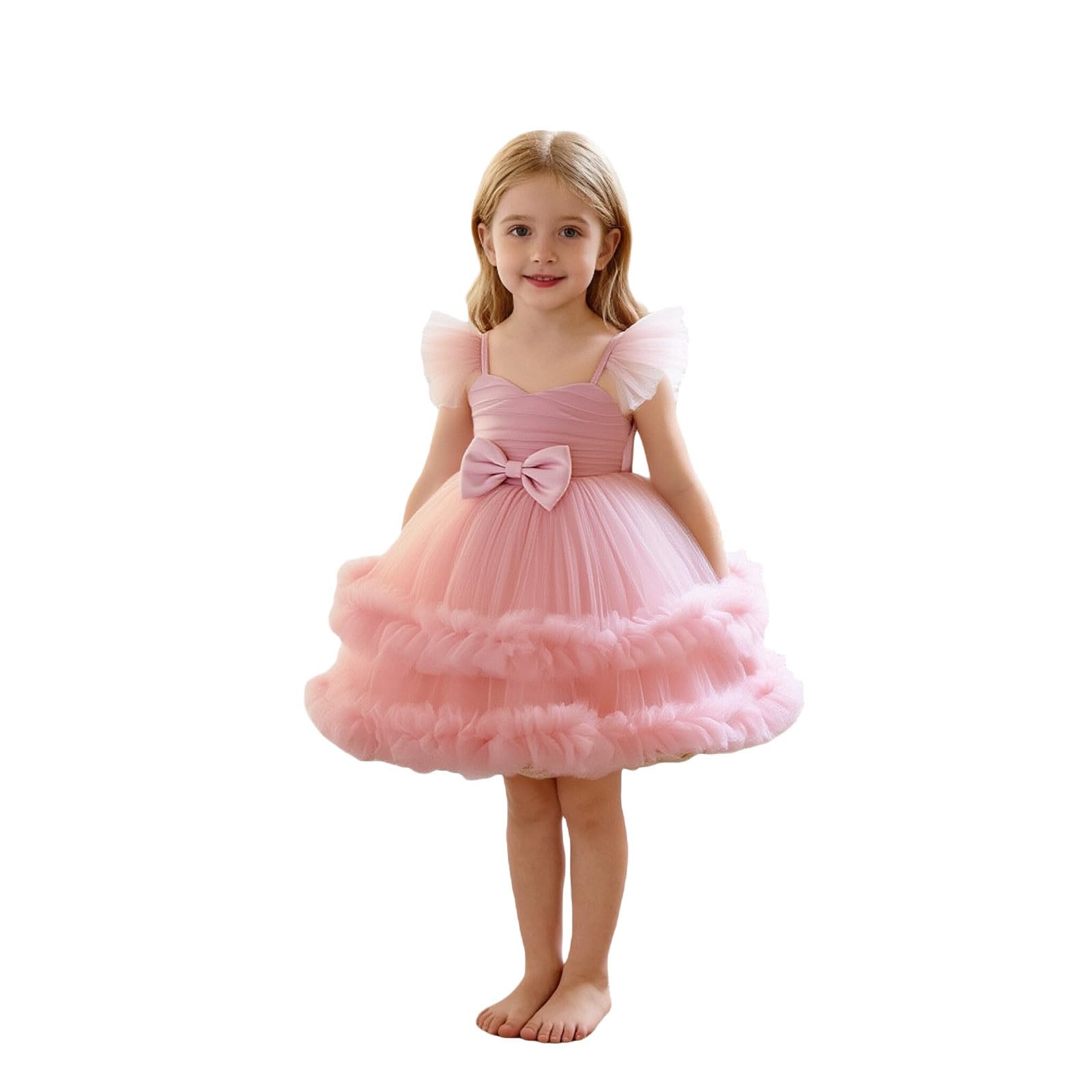 Générique Robe de soirée pour Fille avec Jupe à Volants et nœud, Manches Papillon en Tulle Doux, Style Tutu pour Mariages et Spectacles, Confortable et Ajustable de 6 Mois à 12 Ans