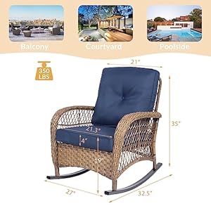 Outdoor Wicker Rocking Chair with Thickened Cushions, All-Weather Rattan Patio Rocking Chairs, Rocker Wicker Chair for Porch Garden & Backyard, Navy Blue Outdoor Wicker Rocking Chair with Thickened Cushions All Weather Rattan Patio Rocking Chairs Rocker Wicker Chair for Porch Garden Backyard Navy Blue