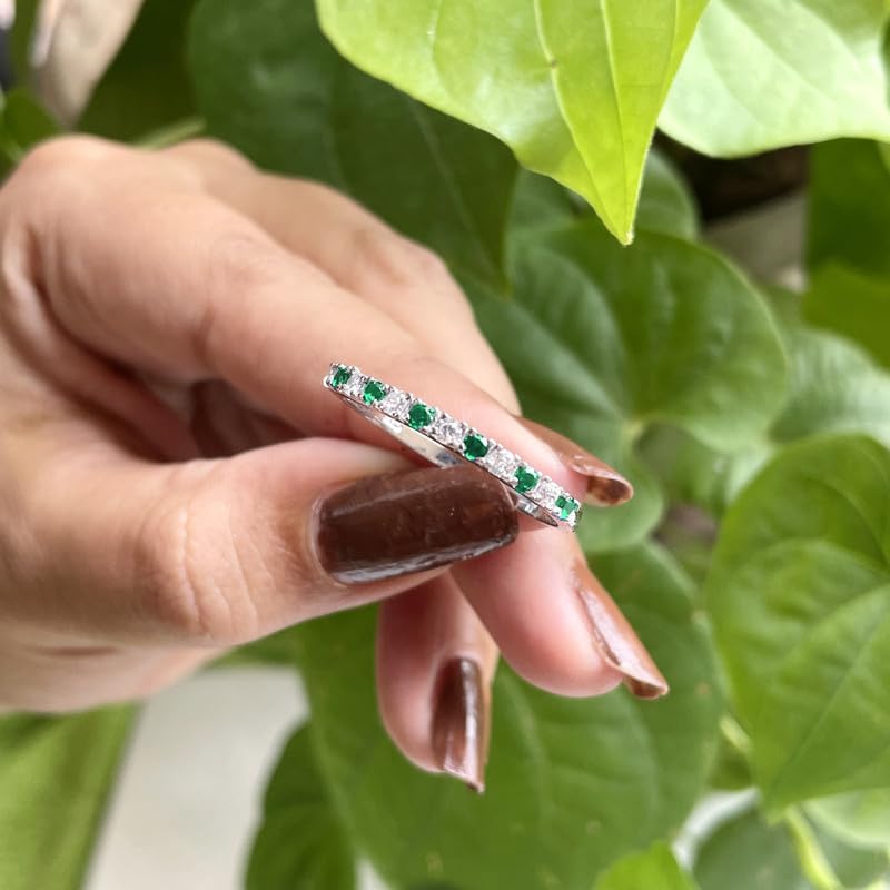 Miniatura 4 de Alternate Green Emerald & White Diamond Half Eternity Wedding Band For Women, 14k Yellow Gold Finish Green Emerald Wedding Band, Ladies Stackable