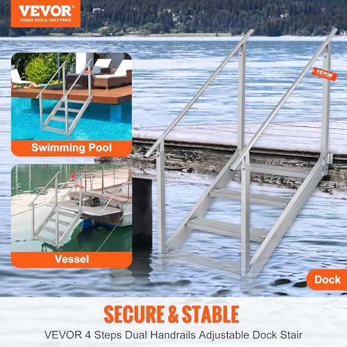 Image of VEVOR Dock Stairs 4 Steps, 500lbs Load Pool Steps, Adjustable Height Aluminum Dock Ladders, Pontoon Boat Ladder with Handrails & Widen Nonslip Pedals for Lake /Pool /Marine Boarding /RV /House