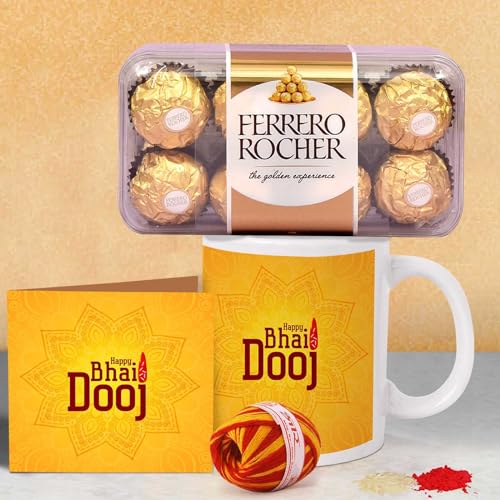 Image of TIED RIBBONS Bhai Dooj Gift Set for Brother Combo Pack - Coffee Mug with Chocolates and Kalawa Moli Roli Chawal Tikka