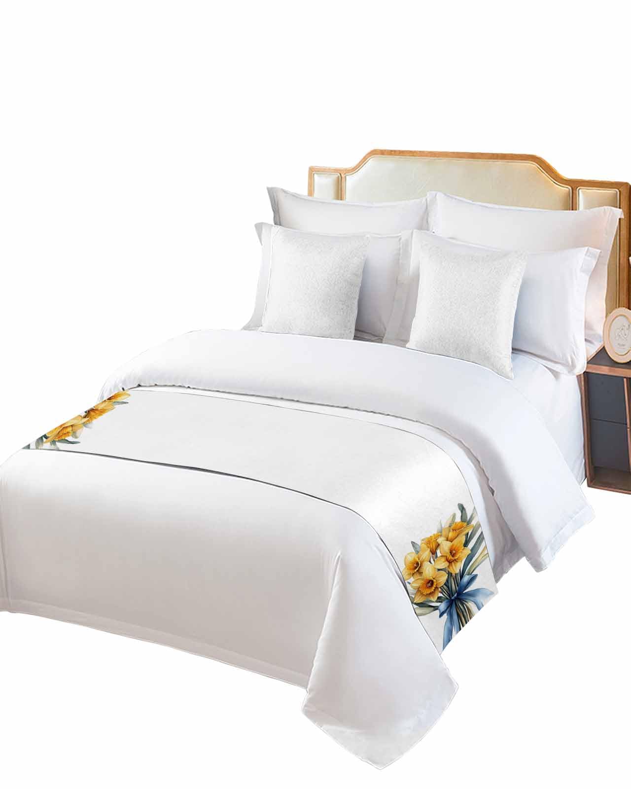 Spring Floral Bouquet Bed Runner for Cal. King Size, Yellow Botanical Garden Florals Bedspread Protector Slipcover Bed Scarf for Foot Runners & Scarves for Bedroom Hotel Wedding Room 94x20 Inches