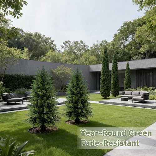 Image of 2 Pack 3ft Artificial Cedar Trees for Outdoors (UV Resistant), Potted Faux Cedar Topiary Plants for Front Porch, Realistic Evergreen Shrub for Entryway & Patio Decor