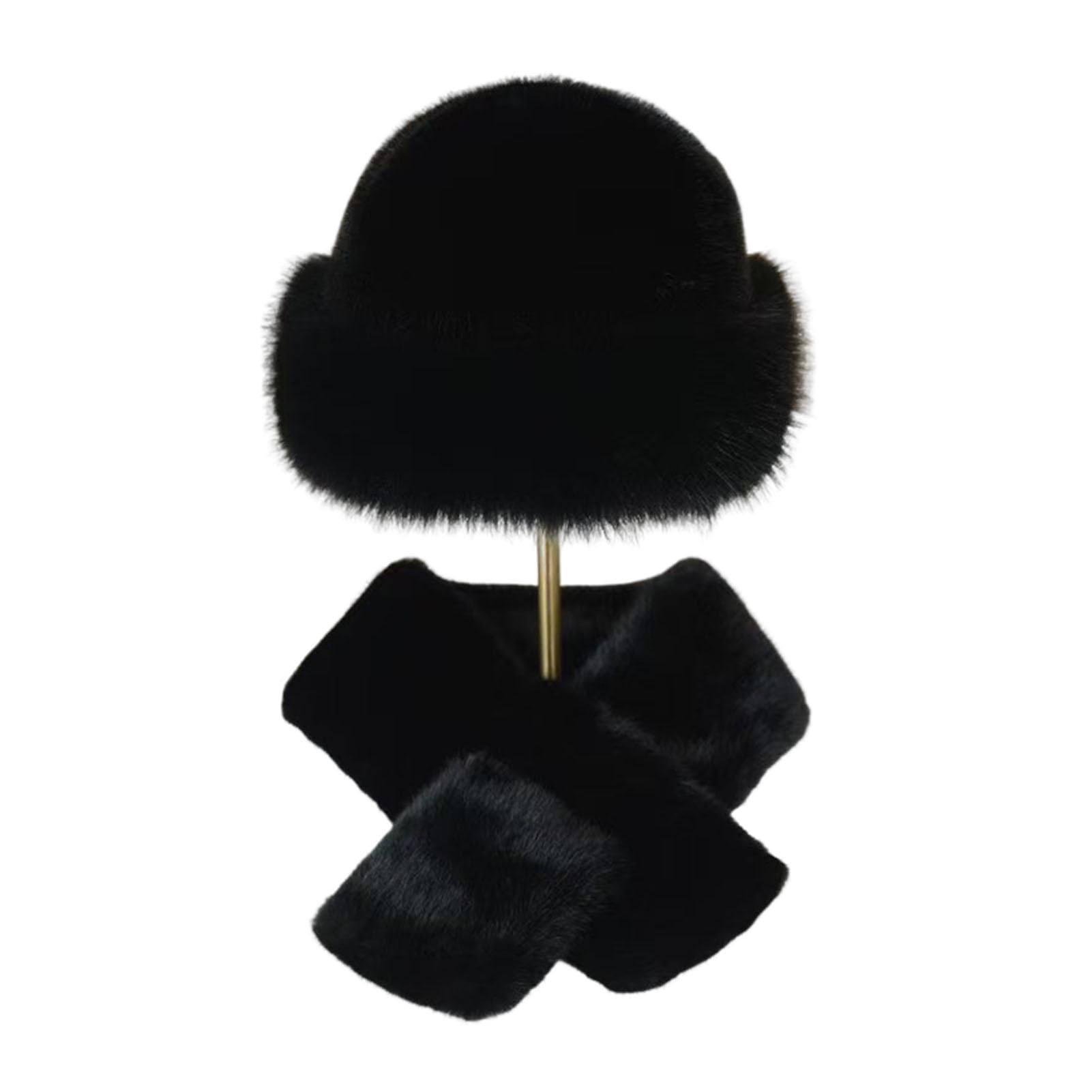 Taeiur Fur Hat and Scarf Set for Women, Faux Fur Collar Wrap Winter Fuzzy Hat Scarf Thickened Plush Warm Cap for Cold Weather Black