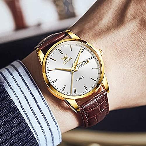 OLEVS Men Watch Brown Leather Strap Large White Face Analog Quartz Classic Dress Date Luminous Waterproof Gents Wrist Watch - Image 4