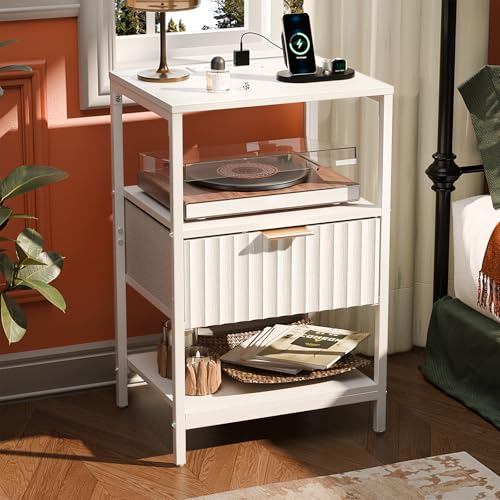 Image of VINGLI White Nightstand with Charging Station and Fabric Drawer, Fluted Night Stand /Bedside Table, Small Night Stand with Charger Station for Bedroom, Dorm, 14.96 inch W*11.81 inch D*23.7 inch H, 1 pc