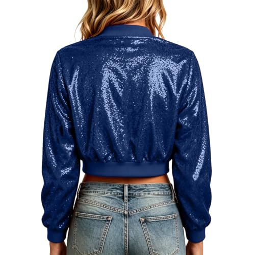 Hrwauag Womens Sparkle Sequins Cropped Jacket Fall Casual Long Sleeve Zipper Rib Cuff Collar Hem Bomber Coat for Concert Evening - image 4