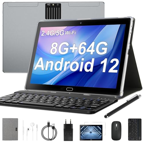 Semeakoko Tablet 10 Pulgadas Android 12, Tablet PC 8GB RAM+64GB ROM(1TB TF), 2.4/5G WiFi, Altavoz Inteligente Estéreo Dual, 1280x800 FHD, 6000mAh, 5MP+8MP, Bluetooth, con Teclado y Raton(Gris)