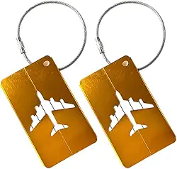 Kit c/ 2 Tags de Mala de Viagem com Alça de Aço, Identificador de Bagagem de Avião, Etiqueta de Identificação de Bagagem (Amarelo)