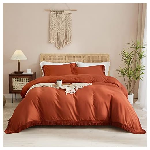 Smoofy Queen Duvet Cover Terracotta Duvet Cover Queen Size, 3 Pieces Bohemian Fringe Tufted Soft Tassel Microfiber Burnt Orange Duvet Cover with Zipper Closure (1 Rust Duvet Cover, 2 Pillowcases)