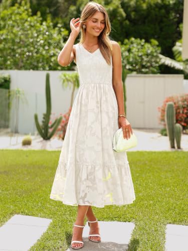 Image of Simplee Womens Semi Formal Dresses for Wedding Guest Floral Lace Midi Dress | Floral lace, Modest, Midi length, Sleeveless, V neck, Smocked empired waist, Semi formal wedding guest dress, Baptism dress