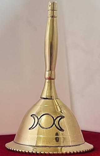 Miniatura 7 de Indian Consigners Campana de mano de latón ruidoso de 3 pulgadas, uso de péndulo de altar (luna triple, oro)