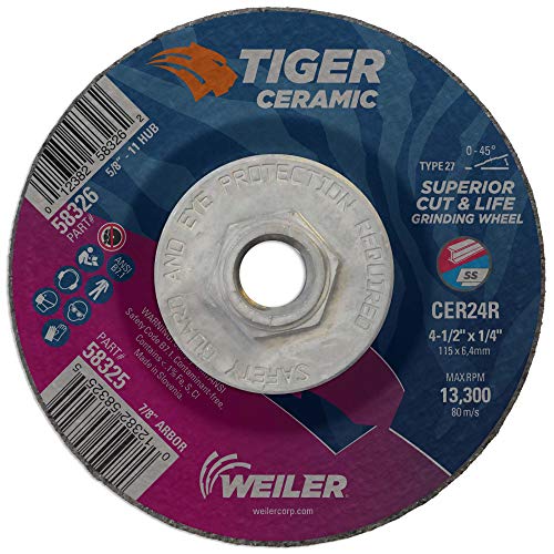 Image of Weiler 58326 4-1 /2 x 1 /4 Tiger Ceramic Type 27 Grinding Wheel CER24R 5 /8-11 Nut (Pack of 10)
