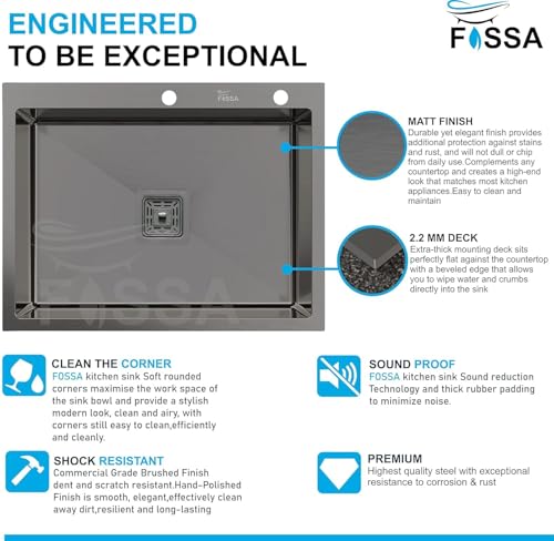 Image of Fossa Black Kitchen Sink - 24 inchx18 inchx10 inch Stainless Steel Single Bowl Sink with Tap Hole, Drain Basket, Soap Dispenser, Drain - Topmount Sink for Campervan or Home Kitchen (Black)