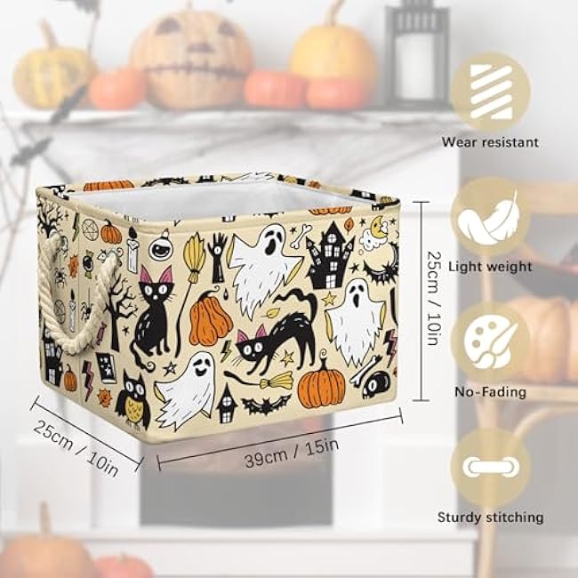 Halloween Ghost Basket Pumpkin Black Bat Boo Spooky Basket with Handles Foldable Waterproof Halloween Gifts Storage Bins Boxes for Party Home Bedroom Decor
