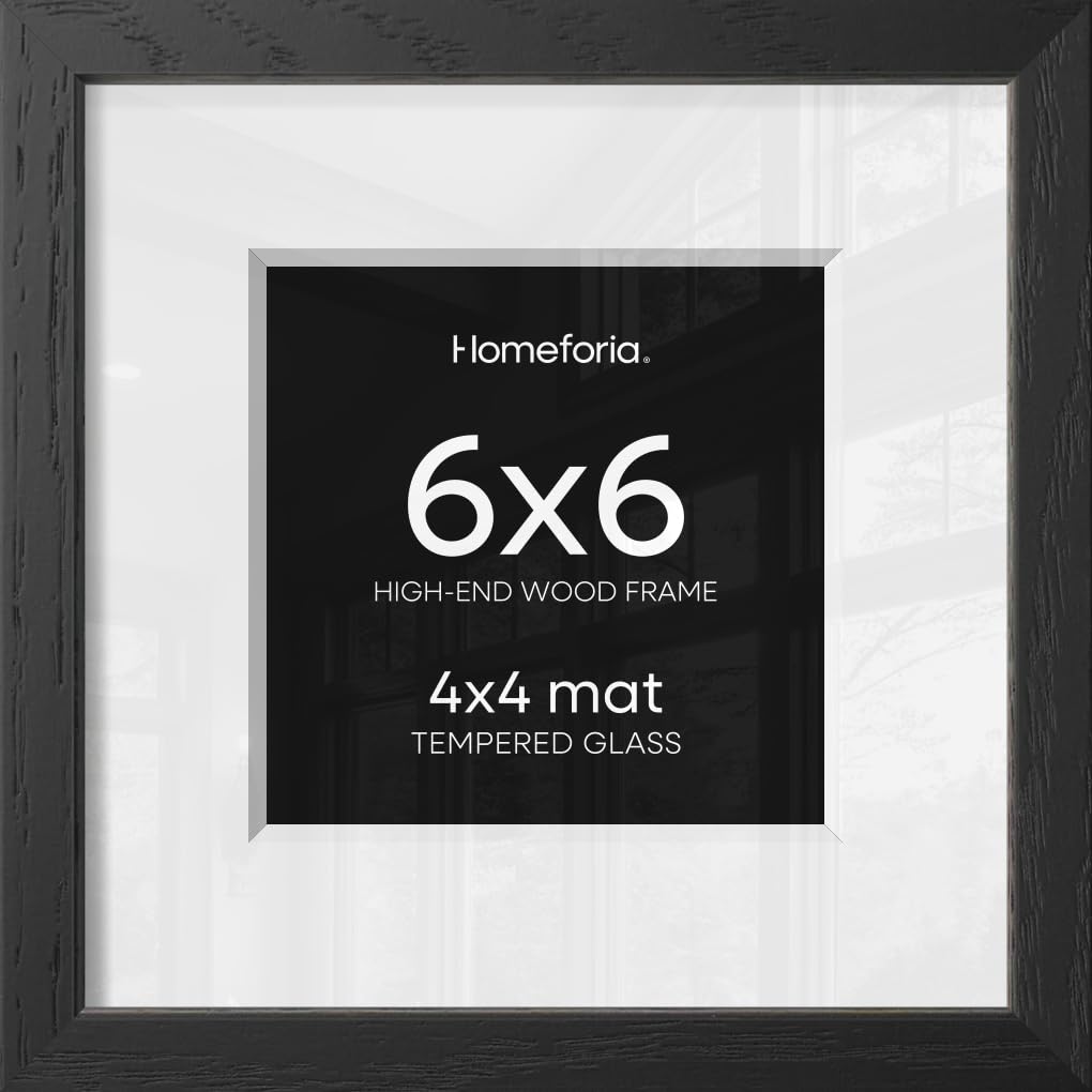 Homeforia 6x6 Black Oak Picture Frame, High-End Wood, 4x4 Mat, Glass | High End Solid Oak Wood, Tempered Glass, Acid-Free 4x4 Removable Mat, 6x6 Edge-to-Edge Display 6x6, Wall Kit, Set Of 1