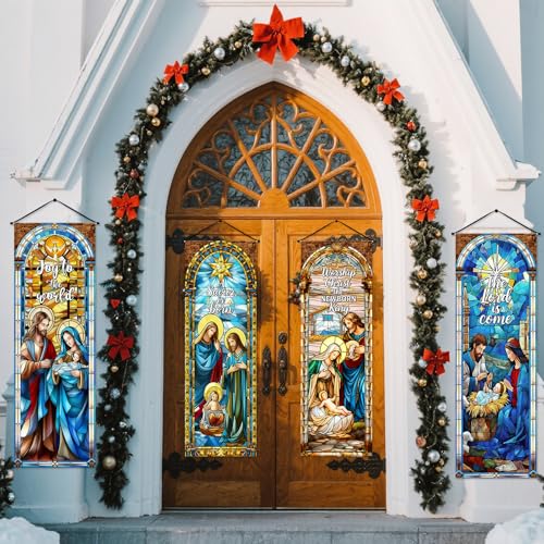 Image of Panelee 4 Pcs Nativity Scene Banner Religious Christmas Backdrop Holy Nativity Stained Glass Style Wall Decorations Jesus Porch Sign for Xmas Indoor Outdoor Church Wall Hanging Decor