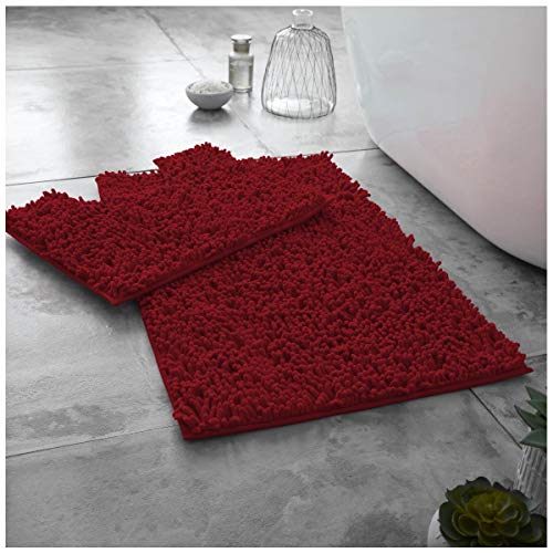 GC GAVENO CAVAILIA Soft Bath Mat Sets For Bathroom | 2 Piece Bath Mat Non Slip Back | Highly Water Absorbent & Fast Drying 100% Microfiber Chenille Toilet Rug with Pedestal Mat | Deep Red