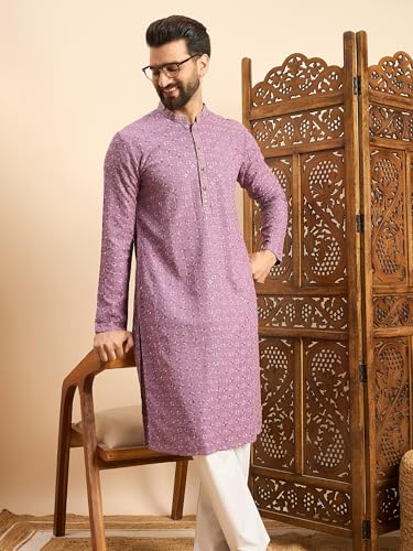 Image of Amazon Brand - Tavasya Men Rayon Geometric Embroidered Mandarin Collar Straight Kurta