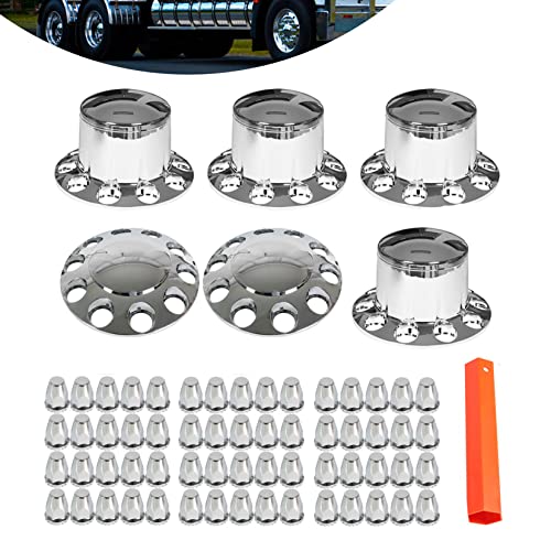SEBLAFF Front and Rear Wheel Axle Cover Center Caps Hub Cover Chrome Semi Truck with 33mm Lug Nut Covers Screw-on
