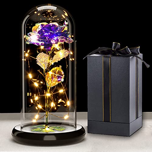 Touloube Presentes de Natal para mulheres, flores artificiais para mulheres mãe esposa, galáxia rosa presentes de mulher de aniversário, flor de rosa com luz LED em cúpula de vidro, presente para