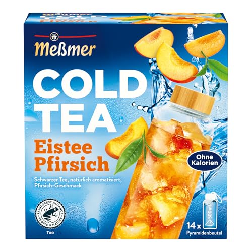 Meßmer Cold Tea Eistee Pfirsich | Schwarzer Tee mit Pfirsich-Geschmack | Kaltaufguss | ohne Zuckerzusatz | 14 Pyramidenbeutel