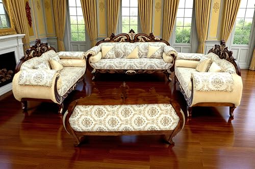 Image of Wooden 10 Seater Sofa Set, Solid Teak Wood Sofa | 3+3+2+2 with Polish Finish | Traditional Design Furniture for Living Room, Home, Hall, Bedroom Seating
