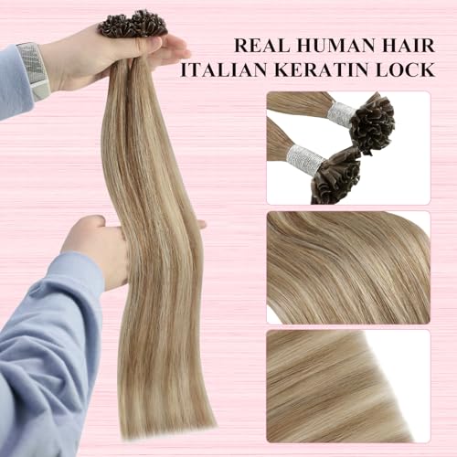 Image of YoungSee U Tip Hair Extensions Real Human Hair Ombre Light Brown and Blonde Utip Real Hair Extension Balayage Human Hair K Tips Extensions for Long Hair Ktips Hair Extension Add Length 1G /S 50G 22In