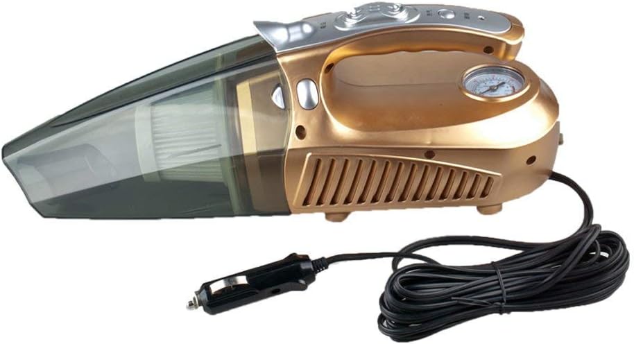 4-in-1 Car Vacuum Cleaner,Tire Inflator Air Compressor, Tire Pressure Gauge,LED Light Portable Wet and Dry 12V 120W Handheld Long-Nose for Car with 18.85 inch Power Cord with HEPA Filter (Gold)