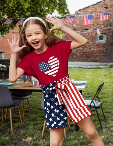 Image of Arshiner Girls 2 Piece Outfit Summer Drop Shoulder Batwing Sleeve Tops and Paperbag Waist Shorts Set Cute Clothing Size 6-14