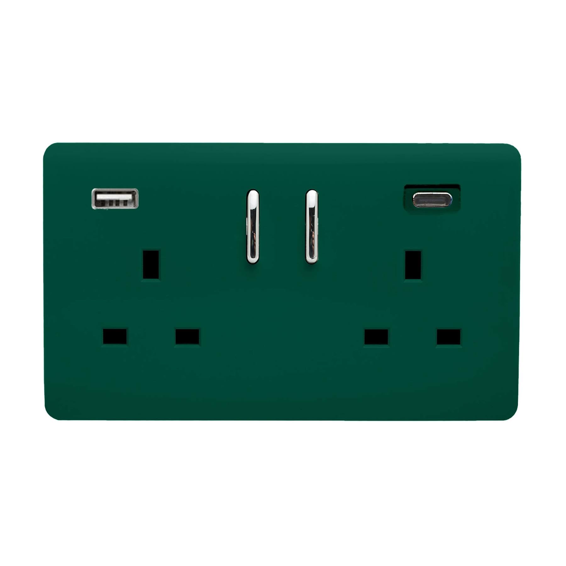 Trendi Switch Dark Forest Green Trendi 2 Gang Artistic Modern Glossy 13 Amp 2 X Type A & C 3.1A Usb Switched Plug Socket