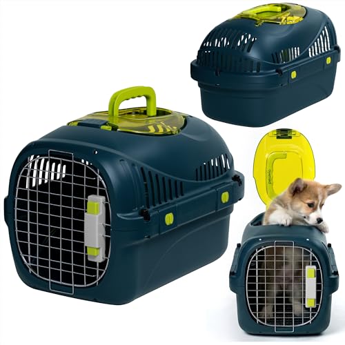 Peluvio Safy Hundetransportbox Auto, Hundebox mit Metalltür, Stabil und Leicht, Oben Öffnbar für Kontakt, Herausnehmbare Hygienegitter, Inklusive Napf, Hundetransporter Auto für Kleine Hunde, bis 5 kg