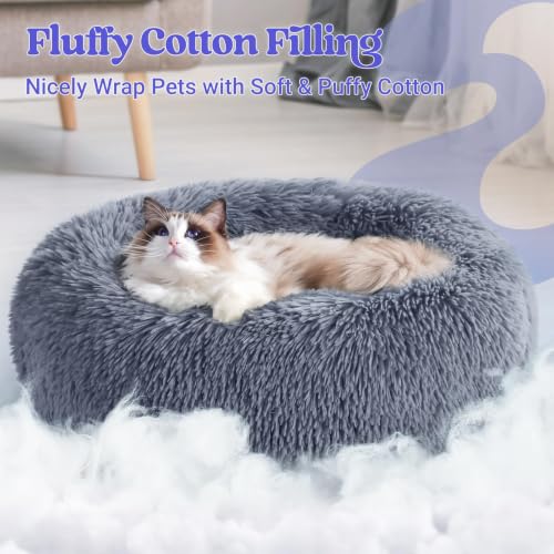 rabbitgoo Calming Cat Beds for Indoor Cats, 20 inches, Dark Grey | Soft Warm Donut, Fluffy Faux Fur, Supportive Raised Rim, Anti-slip, Machine Washable, Up to 15lbs Kittens & Small Cats - Image 4