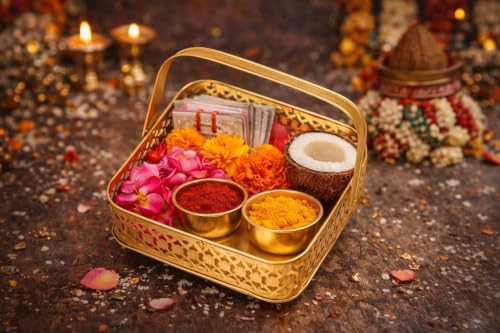 Image of Multipurpose Metal Basket For Gift Hamper, Pooja Temple Storage With Sturdy Handle, Decorative Flower Organizer & Versatile Puja Utility Accessories Home Decoration (Square Small 15cm)