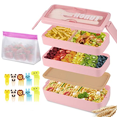 Bento Box Japanese Lunch Box Kit, NatraProw 3 Layer Stackable Bento Box, Leakproof Lunch Box Containers with Snack Bag, Fruit Fork, Wheat Straw, 1000ML Bento Lunch Box for Adults and Kids (Pink)