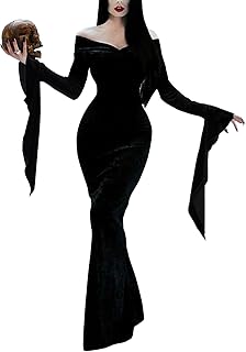 Velvet Black Costume Dress for Halloween Off Shoulder Long Sleeve Maxi Party Dresses - Buy now