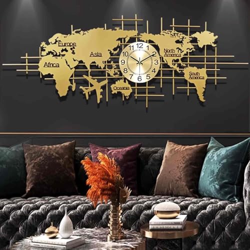 Reloj de pared a pilas con diseño de mapa del mundo, movimiento silencioso, estilo moderno tridimensional de metal para sala de estar, fácil instalación