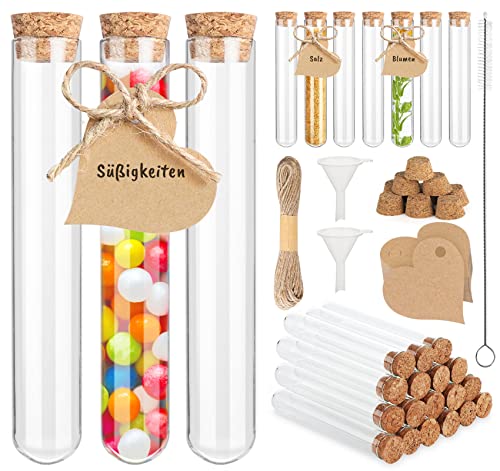 Mocraft 30 Stück Reagenzglas mit Korken Glas Transparent Reagenzgläser 20 x 150 mm Reagenzglas für Blumen Hochzeiten Gastgeschenke mit Kraftpapieranhänger