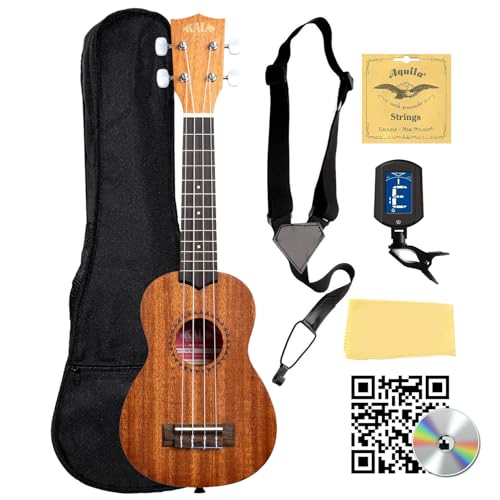 Kala KA-15S Satin Mahogany Soprano Ukulele Bundle with Gig Bag, Tuner, Strap, Fender Play, Austin Bazaar Instructional DVD, and