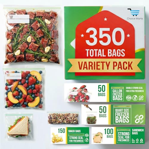 Baggies Variety Size Pack 350 Count Food Storage Variety Pack with 50 Gallon Freezer Bags 50 Quart Freezer Bags 100 Sandwich Bags & 150 Snack Bags Heavy Duty Resealable Freezer Storage Bags